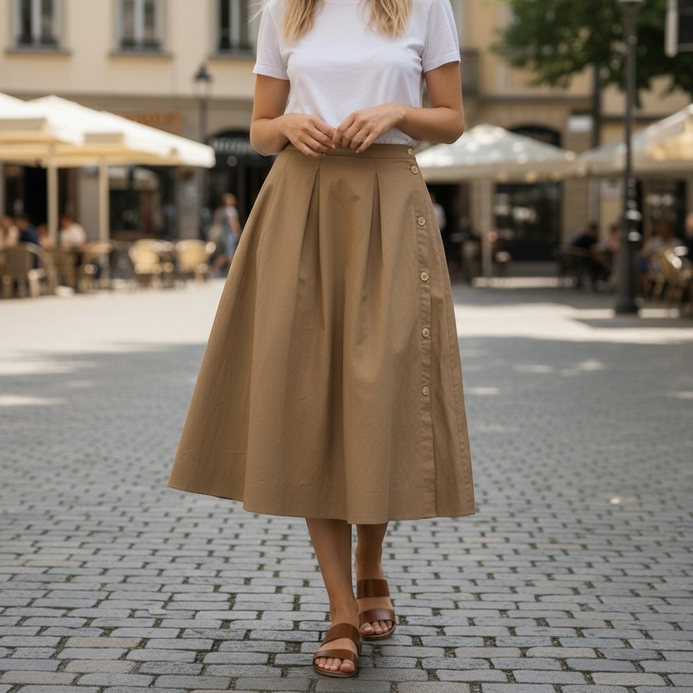 Alex Mill Womens Khaki Tan 100% Cotton Side Button Midi Skirt Size M